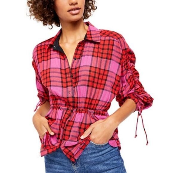 Free People We the Free Pacific Dawn Pink Red Plaid Ruched Cinched Top Wool Sz M - Picture 1 of 14
